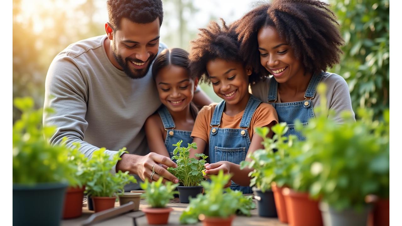 A family happily tending to a thriving balcony garden, assembled from a DIY kit, with parents and children harvesting fresh herbs and small vegetables. The kit components are visible in the foreground - small pots, a seed packet, and gardening tools.