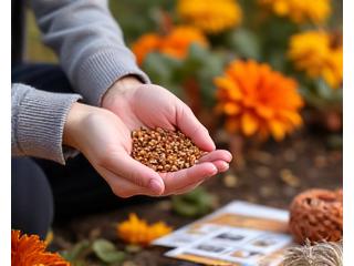 Hands collecting seeds from dried flower heads in an autumnal garden scene, with gourds and autumn foliage in the background. A fall gardening kit is nearby.