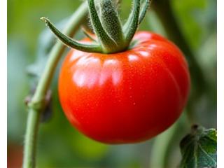 Close-up of vibrant red, ripe heirloom tomatoes hanging from a vine in a garden, with blurred green leaves in the background.