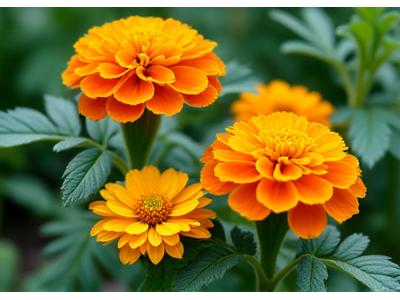 Vibrant marigolds planted alongside tomato plants, showcasing companion planting for natural pest control.