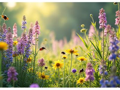 A naturalistic garden scene featuring various native wildflowers and grasses, attracting pollinators.