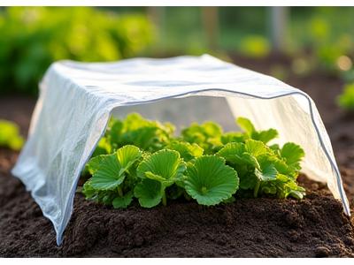 A small raised garden bed covered by a clear cloche or row cover, protecting plants from cool weather.