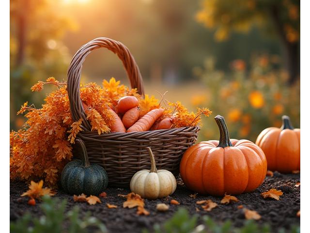 A vibrant autumn garden scene with pumpkins, colorful leaves, and harvested vegetables, ready for winter.