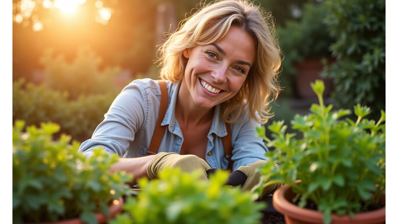 Joyful gardener tending to lush, thriving plants