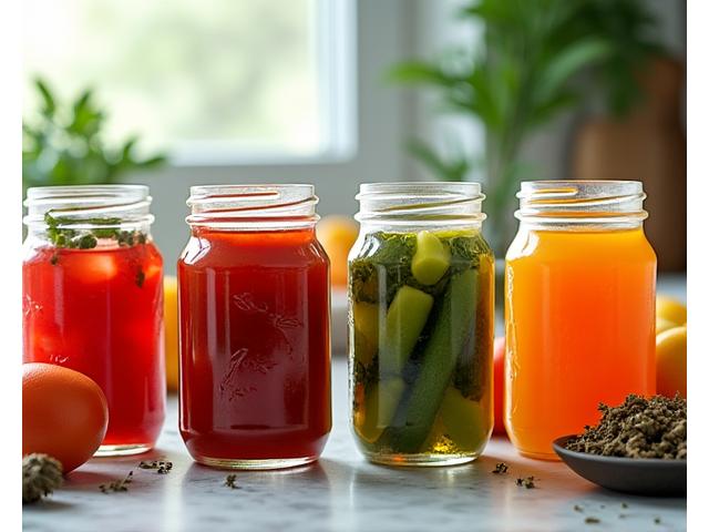 Assortment of glass jars filled with colorful homemade preserves, pickled vegetables, and dried herbs, neatly arranged on a kitchen counter, showcasing abundant preservation.