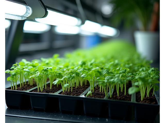 An indoor seed starting setup with fluorescent grow lights illuminating trays of young, vibrant green seedlings.