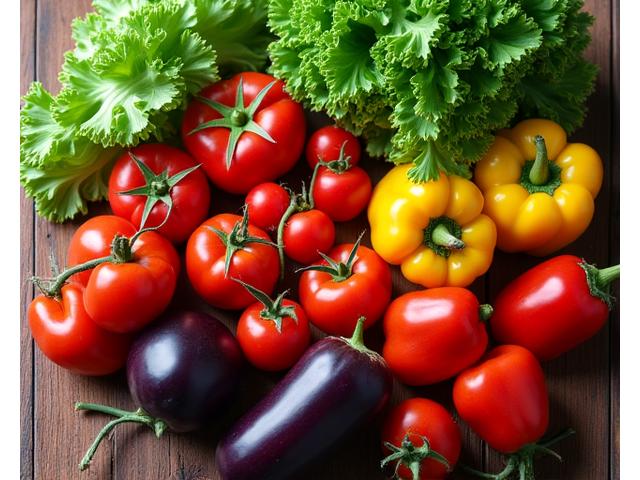 Assortment of vibrant garden vegetables like ripe tomatoes, crisp lettuce, and colorful bell peppers, ready for harvest.