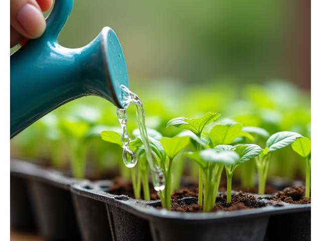 A close-up of a hand gently watering young seedlings in a tray with a small, narrow-spout watering can.