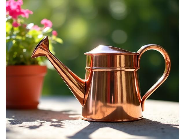 Elegant polished copper watering can with a long spout, placed beside a blooming potted plant on a sunlit patio.