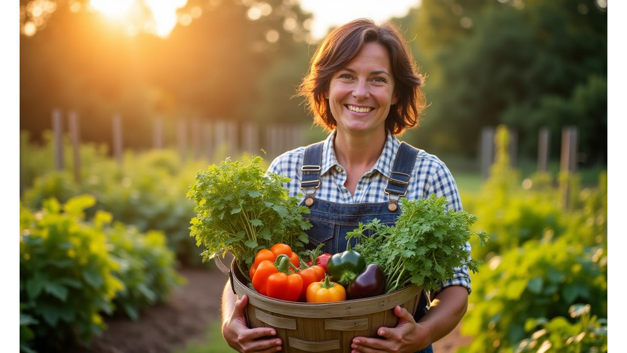 Happy gardener tending to vibrant plants in a sunny garden, basket full of fresh produce, encapsulating the joy of gardening at the gardening shop.