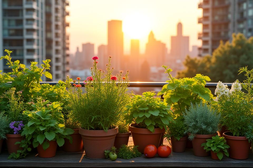 Thriving urban balcony garden with various plants in containers and vertical planters, overlooking a city skyline.