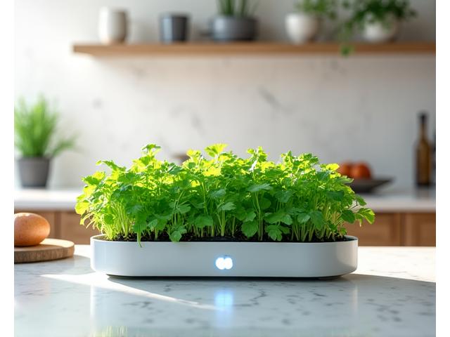 Bright, modern kitchen interior featuring a smart indoor herb garden on the counter.