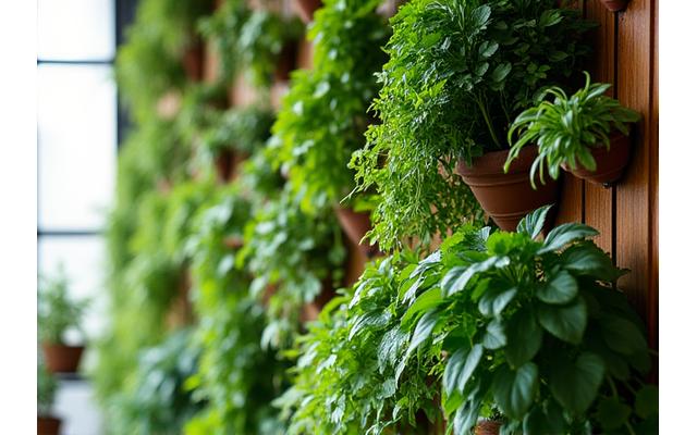 Wall-mounted vertical garden with pockets showing various trailing and compact plants.